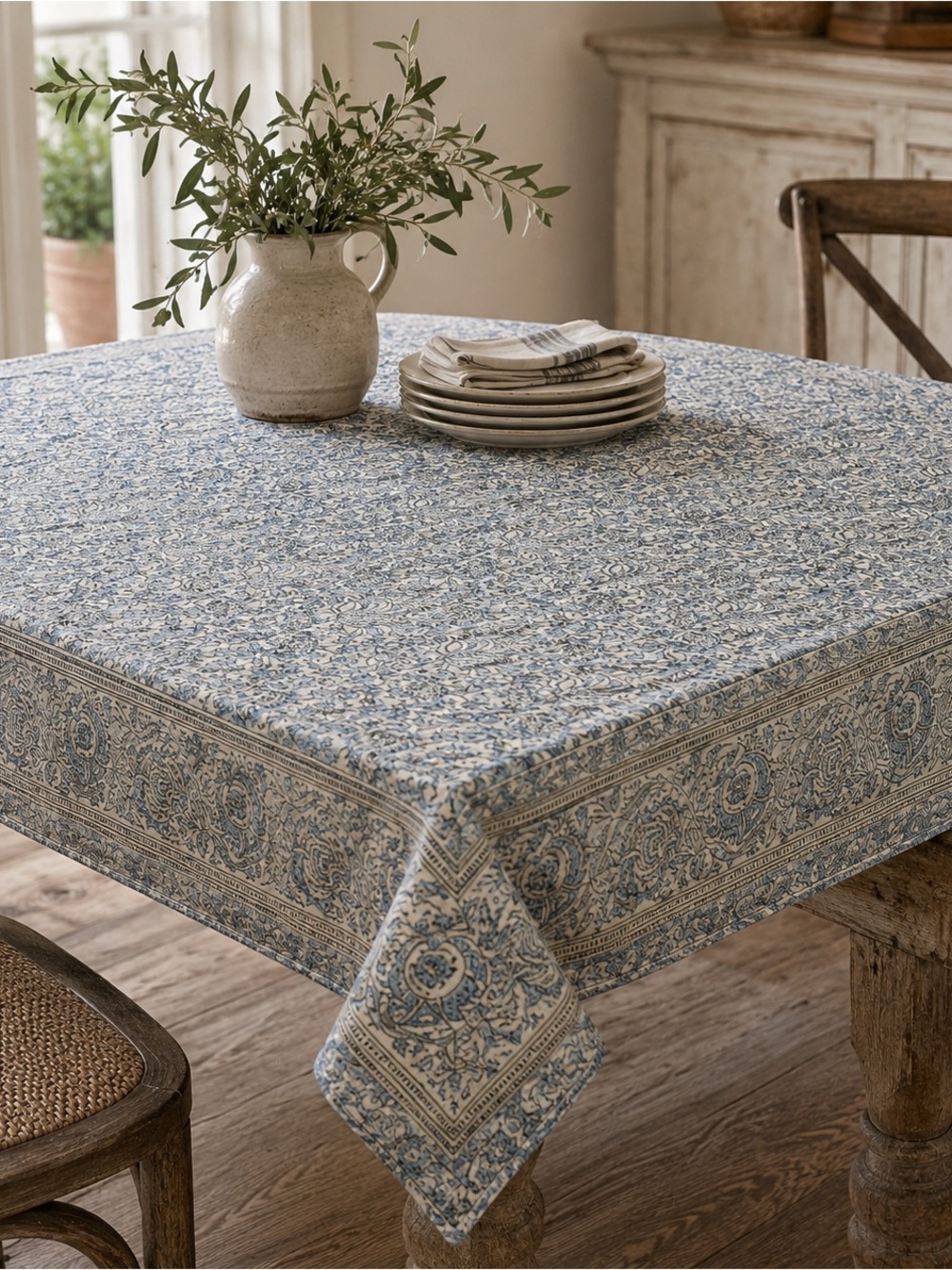Pottery Barn Blue and Beige Floral Block-Print Tablecloth 47x47